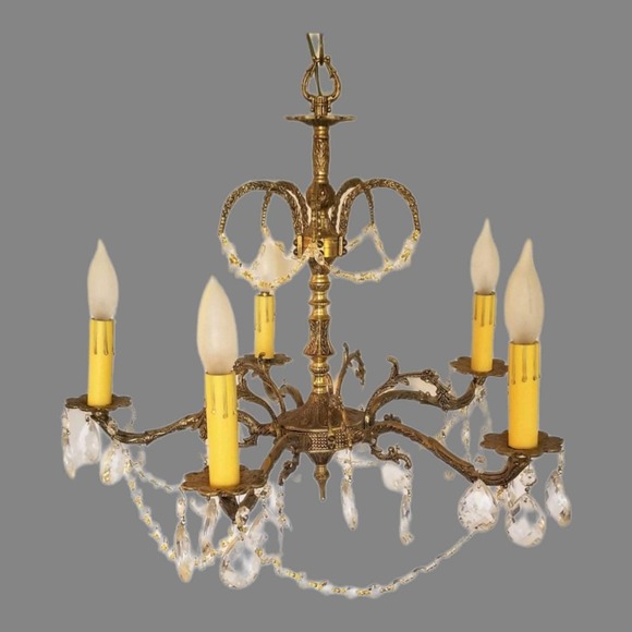 1950s Spanish Decorative Brass 5 Light Chandelier - Picture 1 of 10